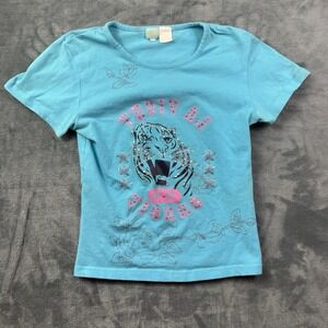 Amy Byer Y2K Top Juniors Small Baby Tee Tiger Sparkle Blue Shirt Made in USA